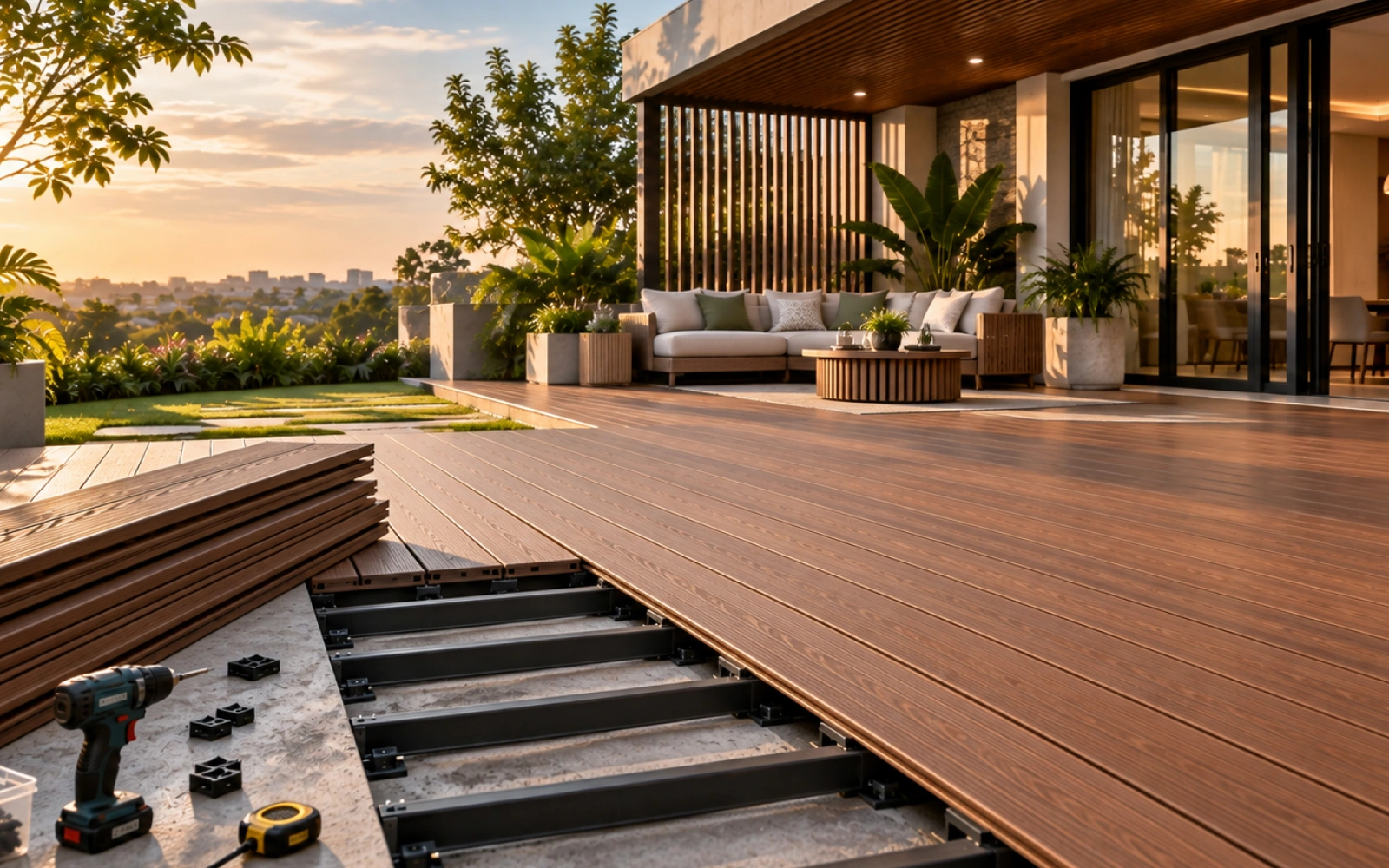 Modern outdoor deck under construction with seating, plants, and sliding glass doors at sunset.