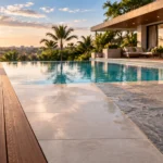 Modern outdoor pool deck with lounge seating, tropical plants, and glass-walled living area at sunset.